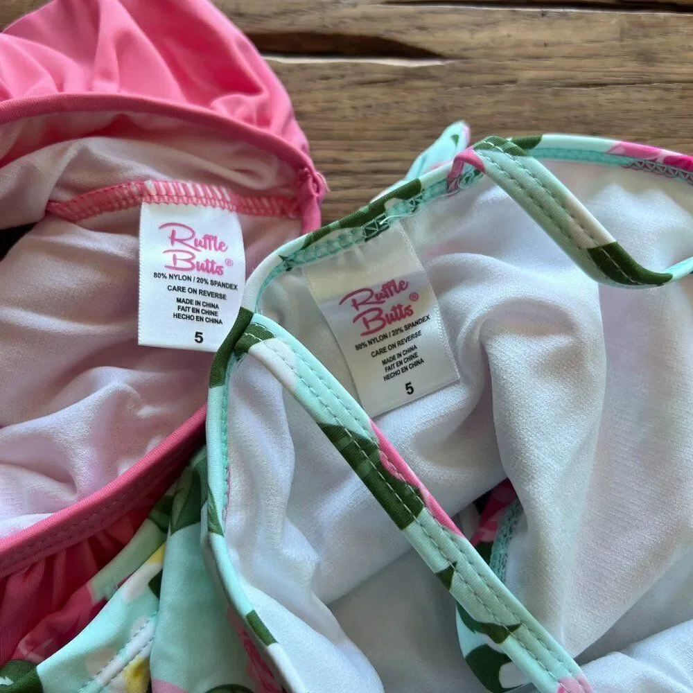 NWT! Ruffle Butts Pink Green Rosy Sweetheart Ruffle Tie Tankini Size 5
